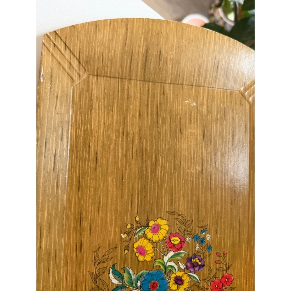 Vintage Hasko De Luxe Lap Tray Mid Century Faux Wood Floral Lithograph MCM 16x8